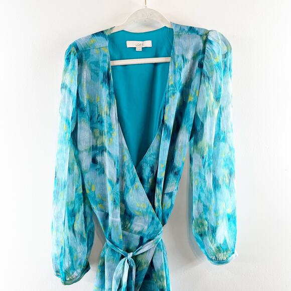 Loft Watercolor Floral Chiffon Puff Long Sleeve Midi Wrap Dress  Blue 10 - Picture 5 of 10